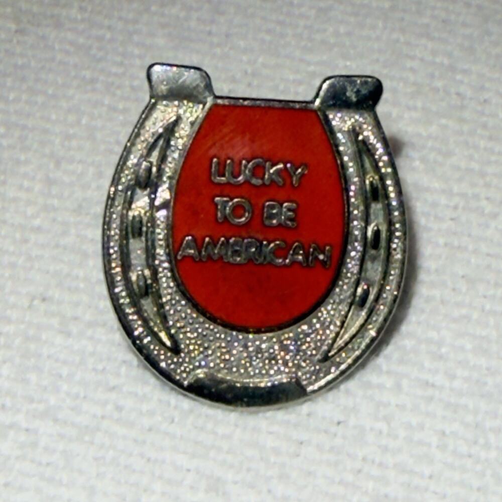 Vintage MAFCO Lucky To Be American Horseshoe Lapel Pin Red Enamel Patriotic